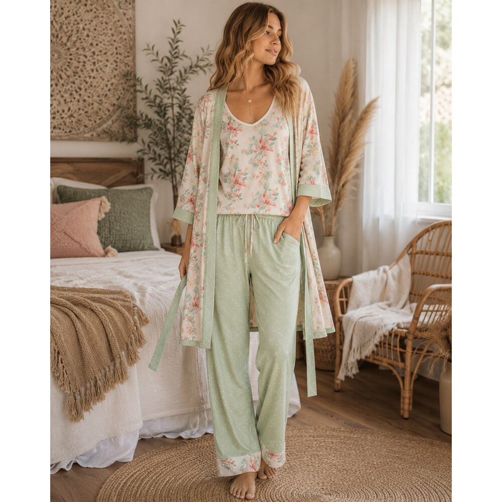 Flora Nikrooz Floral Pajama Lounge Set Robe Tank Pants Cottagecore Romantic Sz M